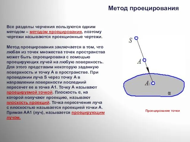 Все разделы черчения пользуются одним методом – методом проецирования, поэтому