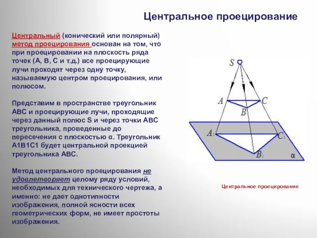 Центральное проецирование Центральный (конический или полярный) метод проецирования основан на