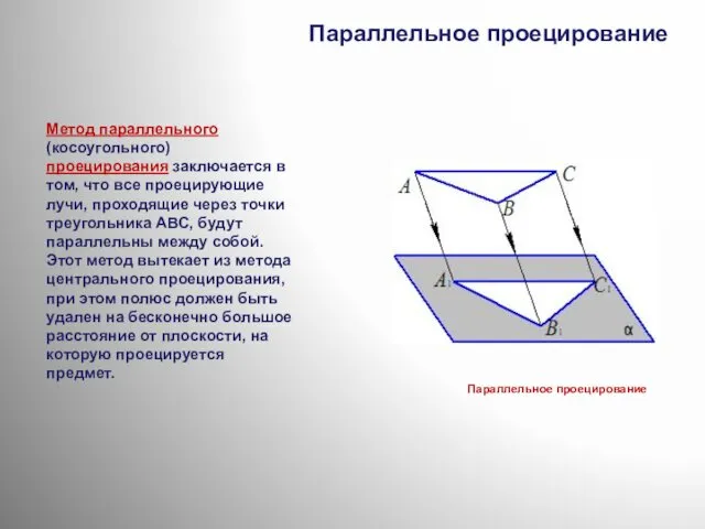 Параллельное проецирование Метод параллельного (косоугольного) проецирования заключается в том, что