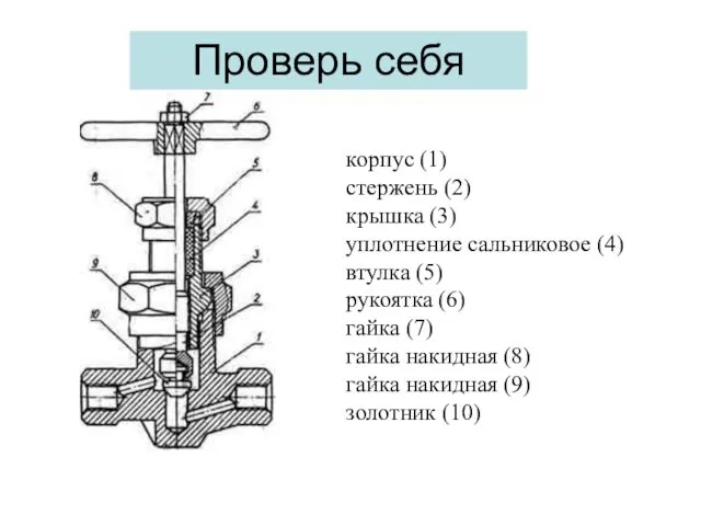 корпус (1) стержень (2) крышка (3) уплотнение сальниковое (4) втулка