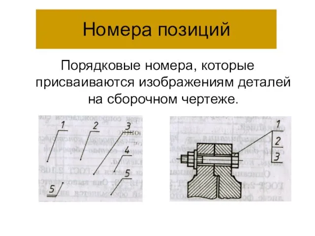 Номера позиций Порядковые номера, которые присваиваются изображениям деталей на сборочном чертеже.