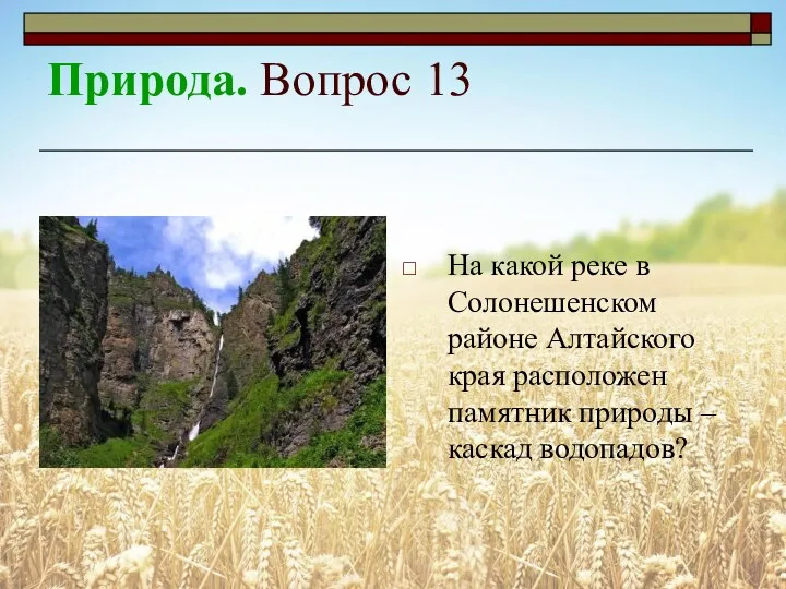Природа. Вопрос 13 На какой реке в Солонешенском районе Алтайского края расположен памятник
