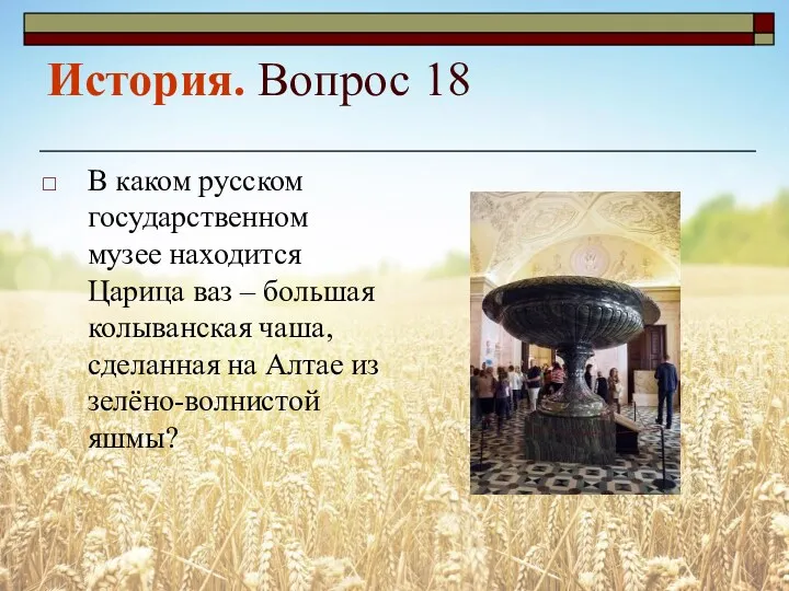 История. Вопрос 18 В каком русском государственном музее находится Царица ваз – большая