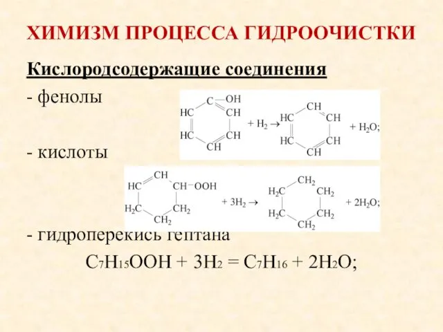ХИМИЗМ ПРОЦЕССА ГИДРООЧИСТКИ Кислородсодержащие соединения - фенолы - кислоты -