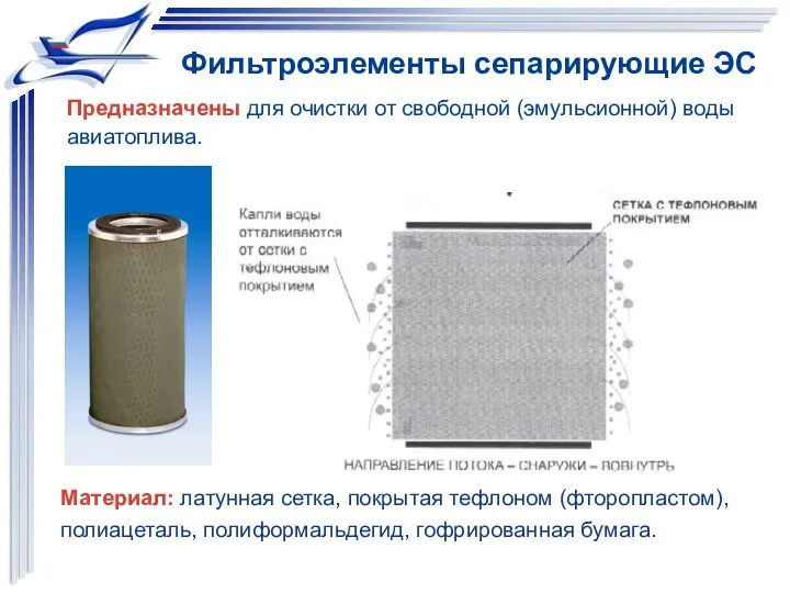 Фильтроэлементы сепарирующие ЭС Материал: латунная сетка, покрытая тефлоном (фторопластом), полиацеталь, полиформальдегид, гофрированная бумага.