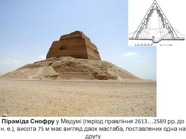 Піраміда Снофру у Медумі (період правління 2613…2589 рр. до н. е.), висота 75
