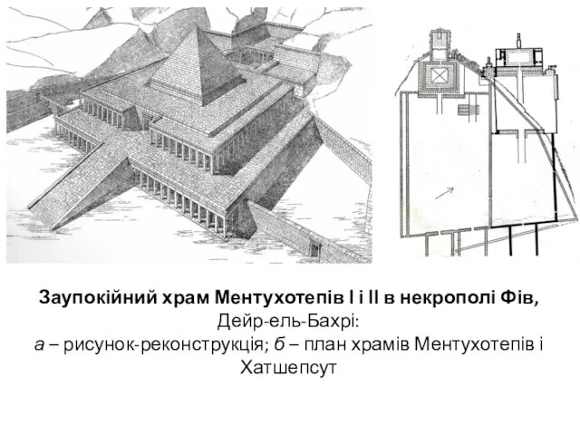 Заупокійний храм Ментухотепів І і ІІ в некрополі Фів, Дейр-ель-Бахрі: а – рисунок-реконструкція;