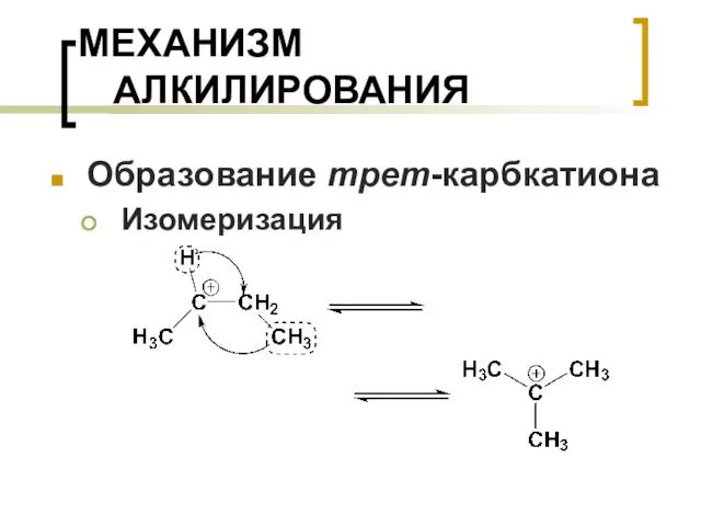 МЕХАНИЗМ АЛКИЛИРОВАНИЯ Образование трет-карбкатиона Изомеризация