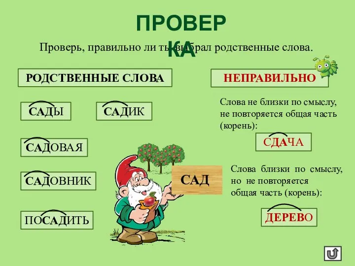 Проверь, правильно ли ты выбрал родственные слова. Слова не близки