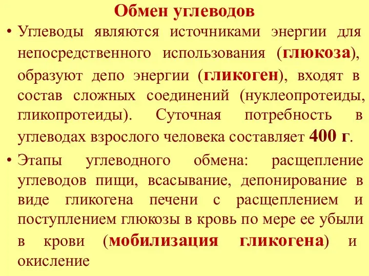 Обмен углеводов Углеводы являются источниками энергии для непосредственного использования (глюкоза),