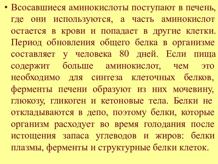 Всосавшиеся аминокислоты поступают в печень, где они используются, а часть