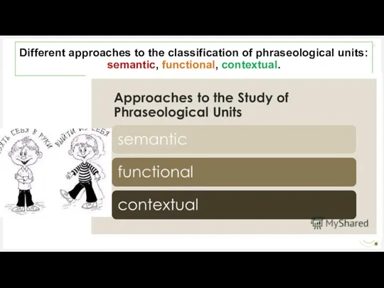 Different approaches to the classification of phraseological units: semantic, functional, contextual.