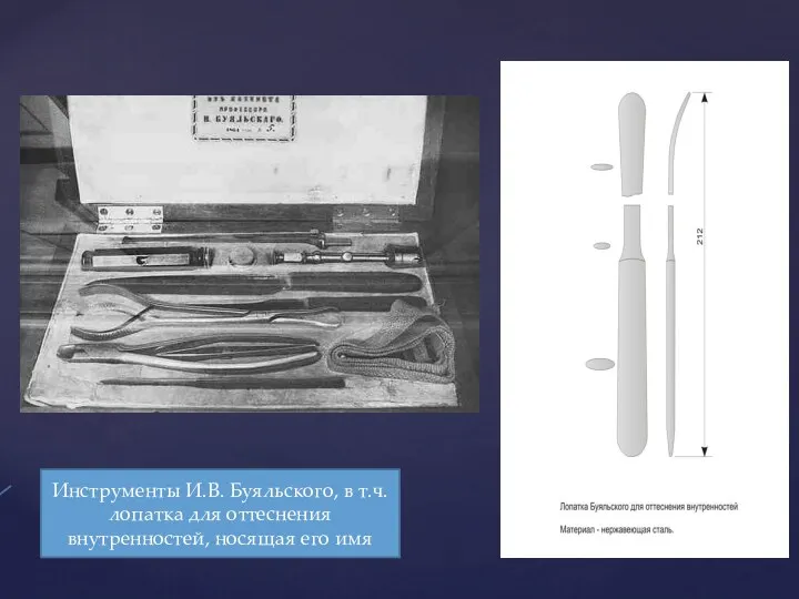 Инструменты И.В. Буяльского, в т.ч. лопатка для оттеснения внутренностей, носящая его имя