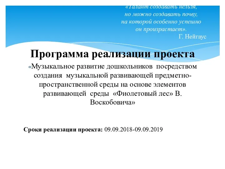 Программа реализации проекта «Музыкальное развитие дошкольников посредством создания музыкальной развивающей предметно-пространственной среды на