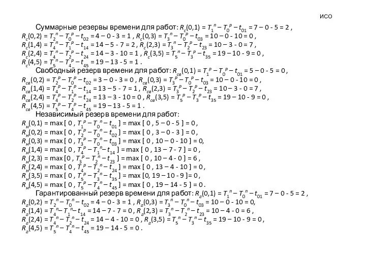 ИСО Суммарные резервы времени для работ: Rc(0,1) = T1n –
