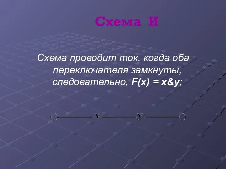 Схема И Схема проводит ток, когда оба переключателя замкнуты, следовательно, F(x) = x&y;