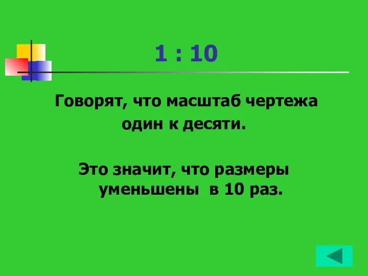 1 : 10 Говорят, что масштаб чертежа один к десяти.