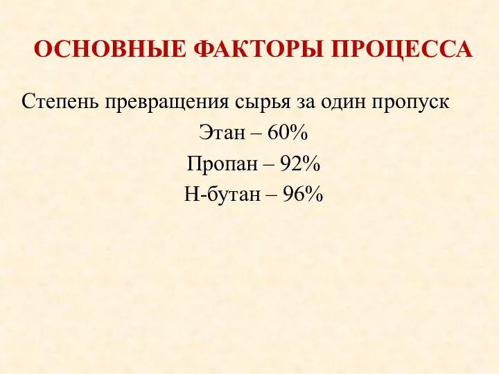 ОСНОВНЫЕ ФАКТОРЫ ПРОЦЕССА Степень превращения сырья за один пропуск Этан