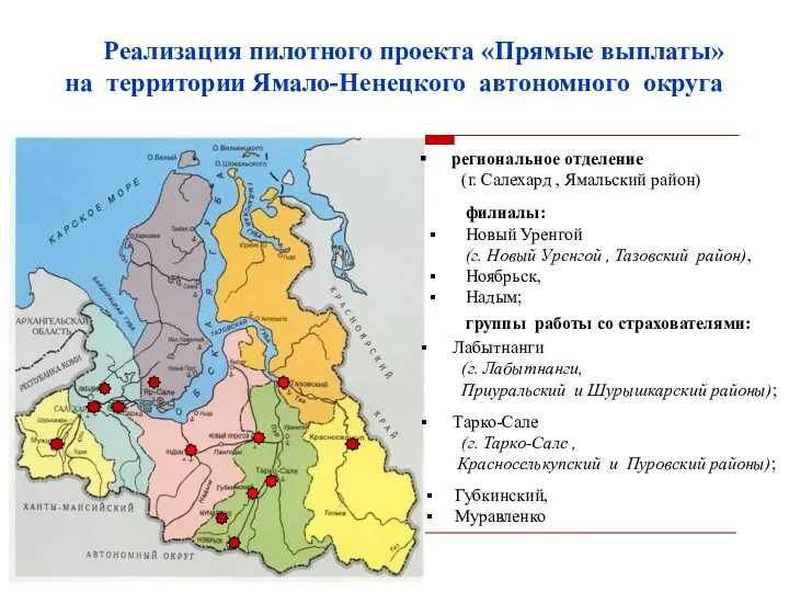 Реализация пилотного проекта «Прямые выплаты» на территории Ямало-Ненецкого автономного округа филиалы: Новый Уренгой