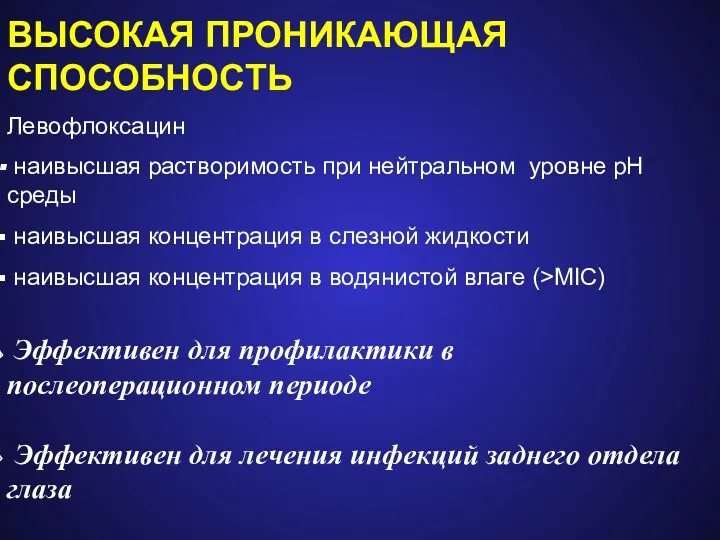 ВЫСОКАЯ ПРОНИКАЮЩАЯ СПОСОБНОСТЬ Левофлоксацин наивысшая растворимость при нейтральном уровне pH