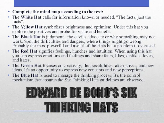 EDWARD DE BONO’S SIX THINKING HATS Complete the mind map