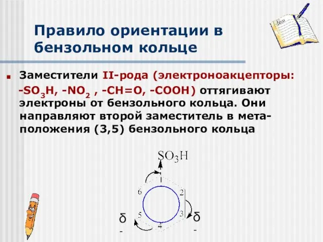 Правило ориентации в бензольном кольце Заместители II-рода (электроноакцепторы: -SО3Н, -NO2 , -СН=О, -СООН)