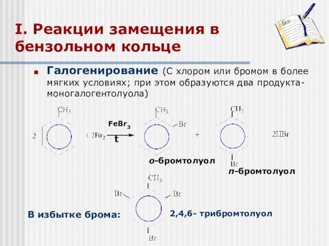 FeBr3 t о-бромтолуол I. Реакции замещения в бензольном кольце 2,4,6-