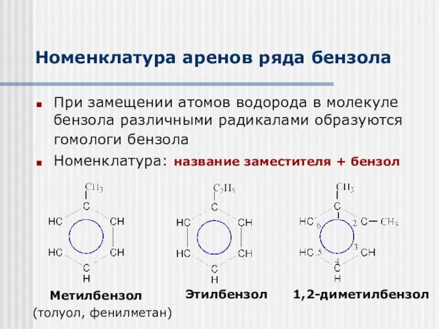 Номенклатура аренов ряда бензола При замещении атомов водорода в молекуле