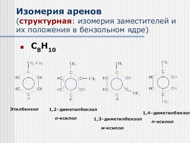 Изомерия аренов (структурная: изомерия заместителей и их положения в бензольном ядре) С8Н10 Этилбензол