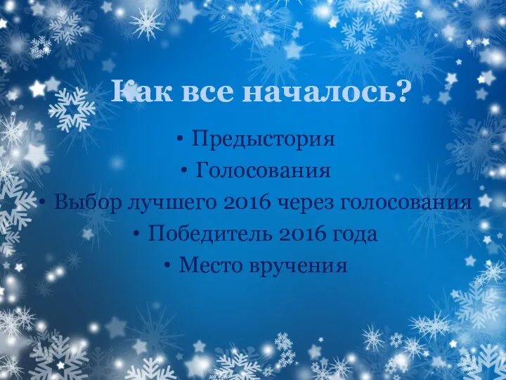 Как все началось? Предыстория Голосования Выбор лучшего 2016 через голосования Победитель 2016 года Место вручения