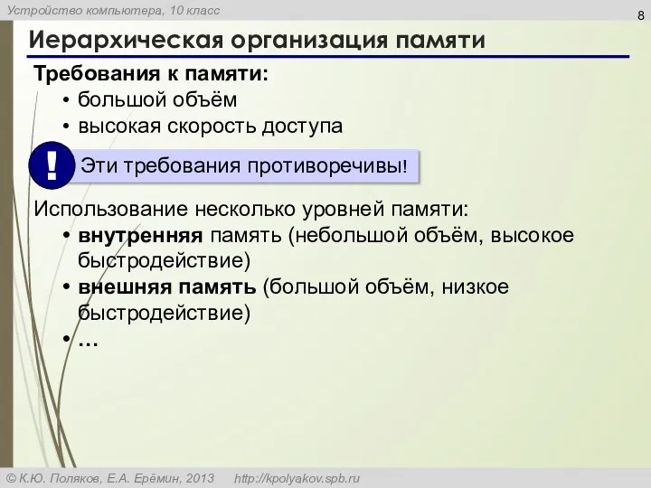 Иерархическая организация памяти Требования к памяти: большой объём высокая скорость