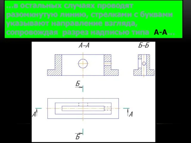 …в остальных случаях проводят разомкнутую линию, стрелками с буквами указывают