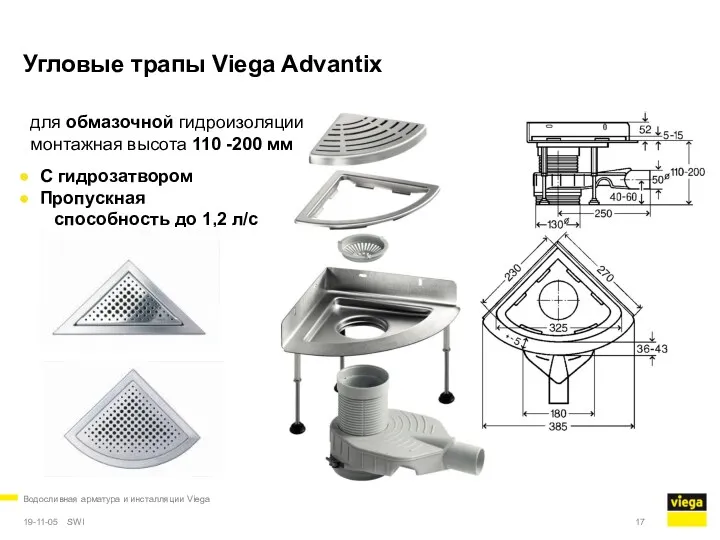 Водосливная арматура и инсталляции Viega 19-11-05 Угловые трапы Viega Advantix