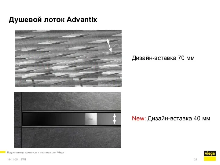 Водосливная арматура и инсталляции Viega 19-11-05 Душевой лоток Advantix New: Дизайн-вставка 40 мм Дизайн-вставка 70 мм