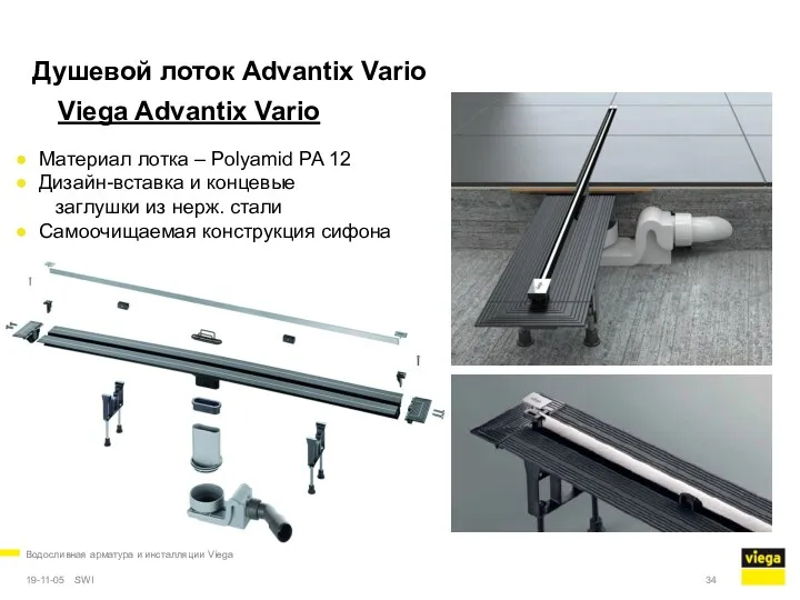 Водосливная арматура и инсталляции Viega 19-11-05 Душевой лоток Advantix Vario Материал лотка –