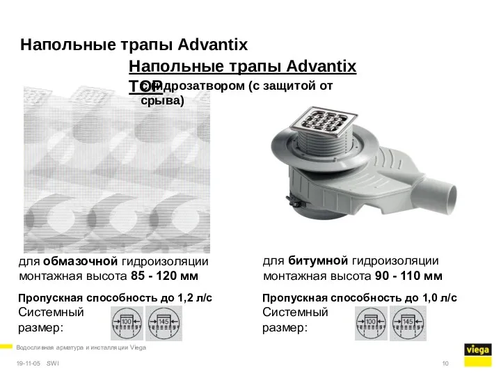 Водосливная арматура и инсталляции Viega 19-11-05 Напольные трапы Advantix Напольные