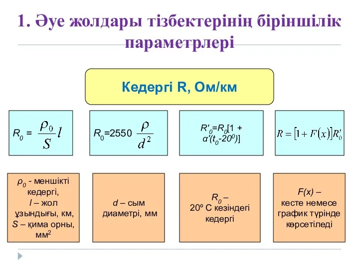 Кедергі R, Ом/км R0 = R0=2550 R'0=R0[1 + α'(t0-200)] ρ0