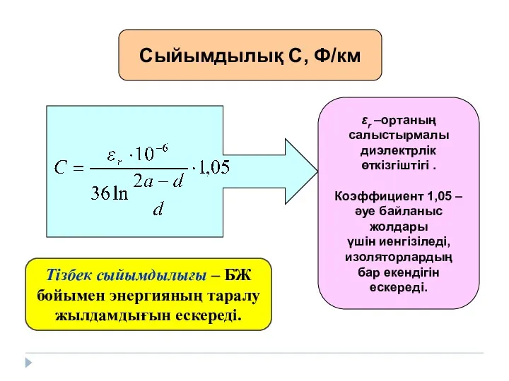 Сыйымдылық С, Ф/км εr –ортаның салыстырмалы диэлектрлік өткізгіштігі . Коэффициент