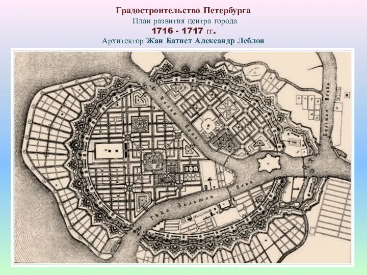 Градостроительство Петербурга План развития центра города 1716 - 1717 гг. Архитектор Жан Батист Александр Леблон