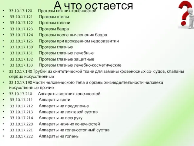 А что остается 33.10.17.120 Протезы нижних конечностей 33.10.17.121 Протезы стопы