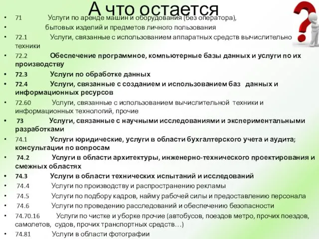 А что остается 71 Услуги по аренде машин и оборудования