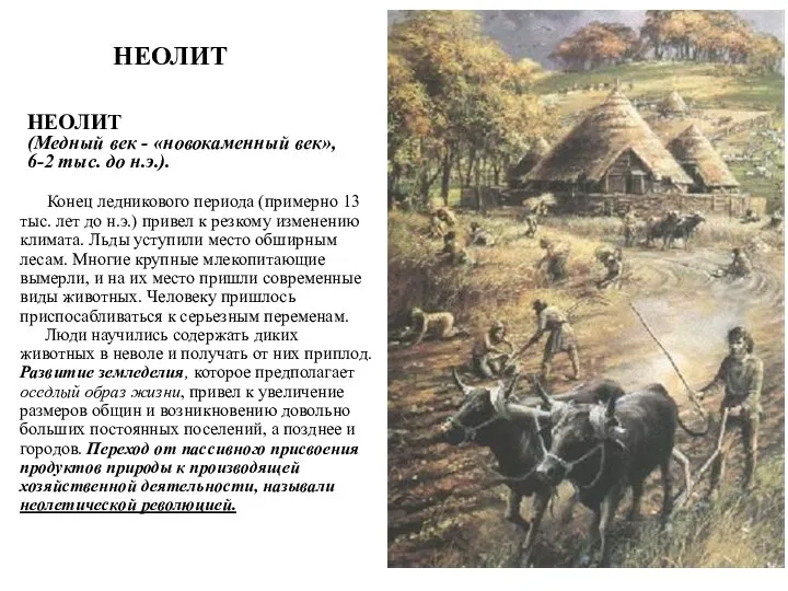 НЕОЛИТ (Медный век - «новокаменный век», 6-2 тыс. до н.э.).