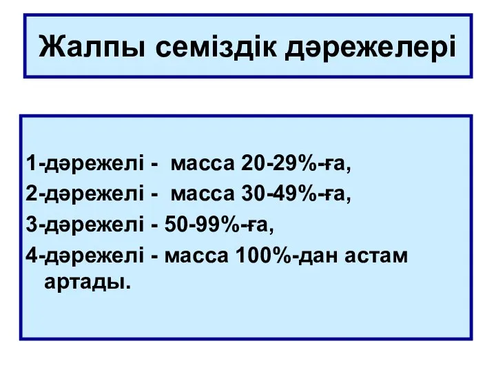 Жалпы семіздік дәрежелері 1-дәрежелі - масса 20-29%-ға, 2-дәрежелі - масса