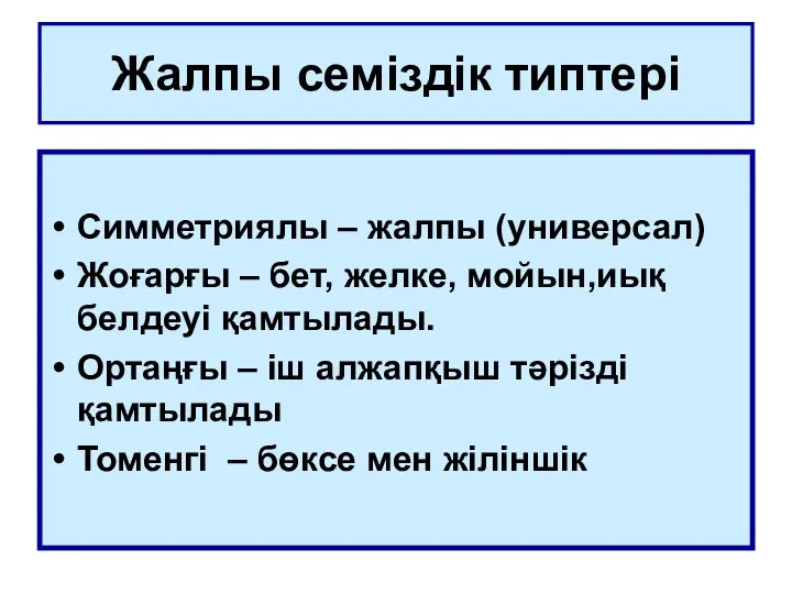 Жалпы семіздік типтері Симметриялы – жалпы (универсал) Жоғарғы – бет,