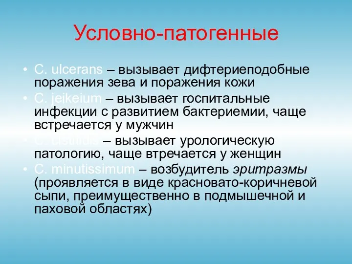 Условно-патогенные C. ulcerans – вызывает дифтериеподобные поражения зева и поражения