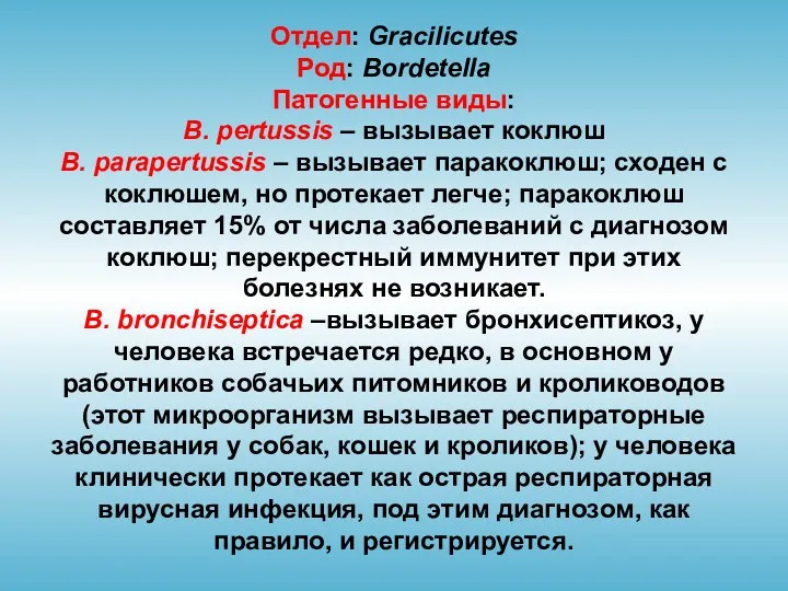 Отдел: Gracilicutes Род: Bordetella Патогенные виды: В. pertussis – вызывает