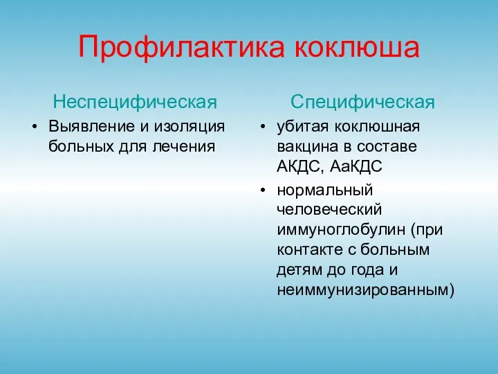 Профилактика коклюша Неспецифическая Выявление и изоляция больных для лечения Специфическая