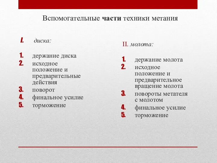 Вспомогательные части техники метания диска: держание диска исходное положение и