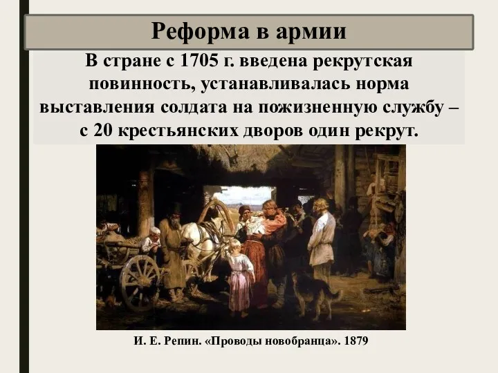 И. Е. Репин. «Проводы новобранца». 1879 В стране с 1705