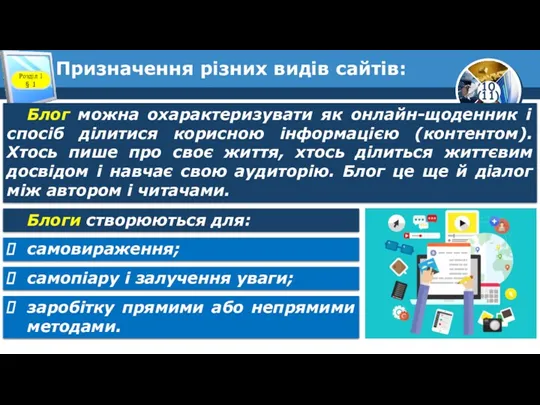 Призначення різних видів сайтів: Розділ 1 § 1 Блог можна